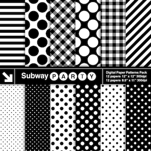 Black and White Basic Prints Digital Papers in Polka Dots Stripes Gingham. Scrapbook / Party Printable / CANVA Background 8.5x11 & 12x12 JPG