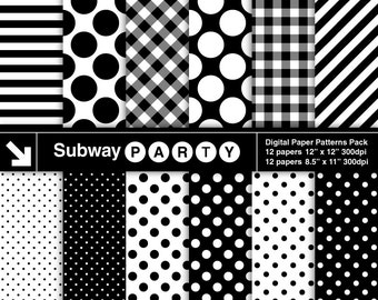 Black and White Basic Prints Digital Papers in Polka Dots Stripes Gingham. Scrapbook / Party Printable / CANVA Background 8.5x11 & 12x12 JPG