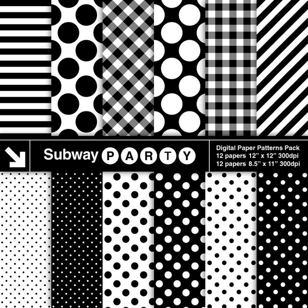 Black and White Basic Prints Digital Papers in Polka Dots Stripes Gingham. Scrapbook / Party Printable / CANVA Background 8.5x11 & 12x12 JPG