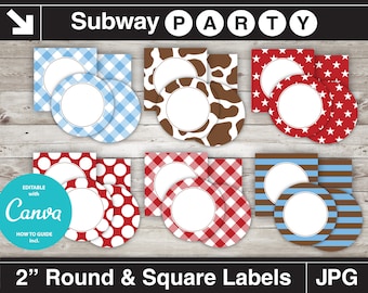 Printable Cowboy Party Cupcake Toppers. Blue, Red, Brown Cow Print  Circles & Squares 2", Blank Labels, Tags. Editable JPG INSTANT DOWNLOAD