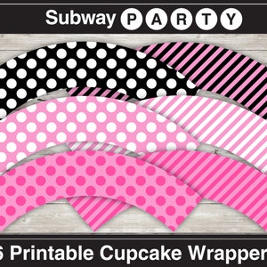 Utskrivbara muffinsformar med Mimmi / Paris / rosa pirattema. Rosa, svarta, vita prickar och godisränder. Gör-det-själv 8x11 jpg DIREKT NEDLADDNING bild 1