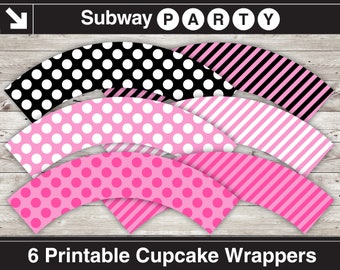 Printable Cupcake Wrappers Minnie / Paris / Pink Pirate Theme. Pink, Black, White Polka Dots & Candy Stripes. DIY 8x11 jpg INSTANT DOWNLOAD