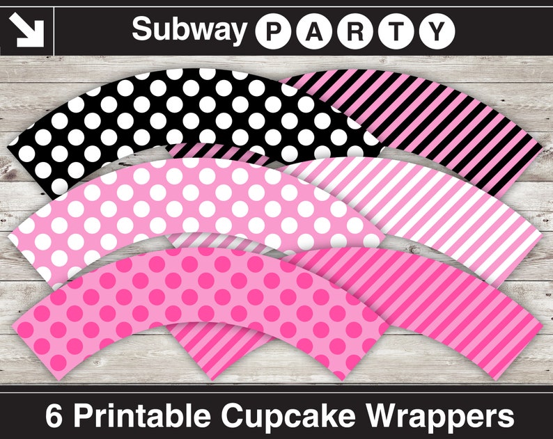Utskrivbara muffinsformar med Mimmi / Paris / rosa pirattema. Rosa, svarta, vita prickar och godisränder. Gör-det-själv 8x11 jpg DIREKT NEDLADDNING bild 1