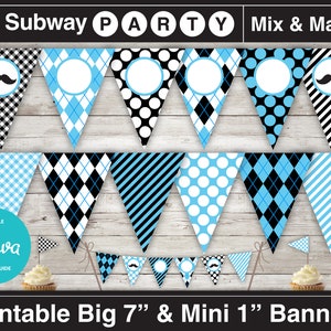 Printable Mustache Bash Birthday Party Banner & Mini Cake Bunting. Boy Baby Shower DIY Editable Banner Blank Text. INSTANT DOWNLOAD