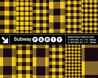 Yellow Black Plaid Digital Papers. 90s Style Tartan. Scrapbook 12x12 AND Printable Party Papers 8.5x11 Jpg INSTANT DOWNLOAD