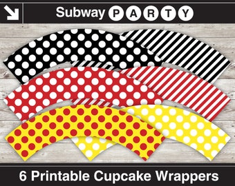 Afdrukbare cupcakepapiertjes voor Mickey/piratenfeest in rode, zwarte, gele en witte stippen en snoepstrepen. Doe-het-zelf 8 x 11 jpg. DIRECT DOWNLOADEN