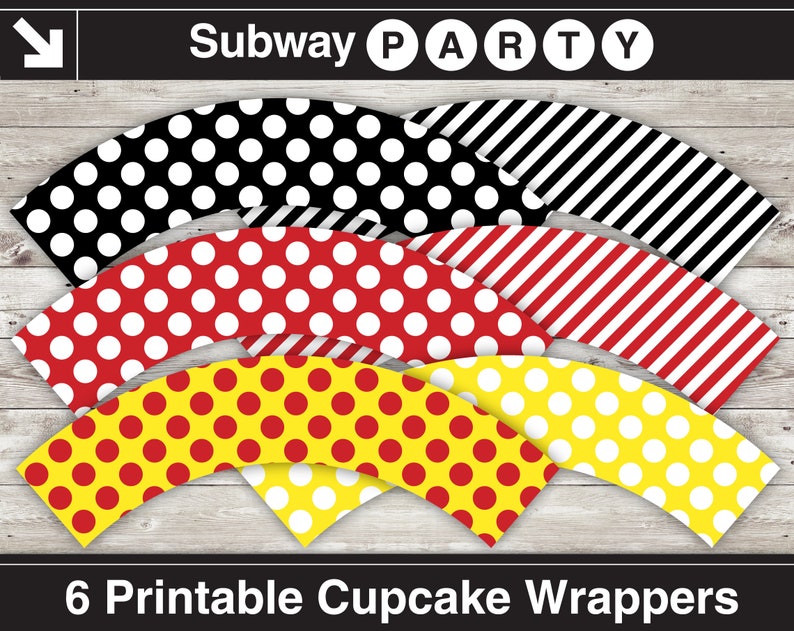 Pu&ograve; includere: Sei involucri per cupcake stampabili a tema festa della metropolitana. Gli involucri presentano un motivo a pois neri e bianchi, un motivo a righe rosse e bianche, un motivo a pois gialli e bianchi e un motivo a pois rossi e bianchi.