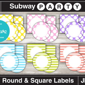 Printable Easter Party Circles and Squares 2 / Cupcake Toppers / Blank Labels, Tags. Dots & Stripes. Add Your Own Text DIY INSTANT DOWNLOAD image 1