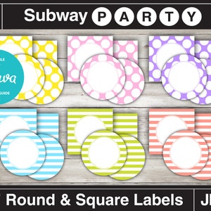May include: Set of 2 inch round and square labels in various colors and patterns, including polka dots and stripes. The labels are editable with Canva and include a guide for use. The text "Subway Party" is at the top of the image.