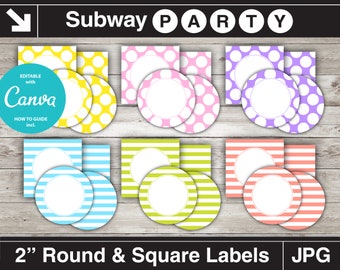 Printable Easter Party Circles and Squares 2" / Cupcake Toppers / Blank Labels, Tags. Dots & Stripes. Add Your Own Text DIY INSTANT DOWNLOAD