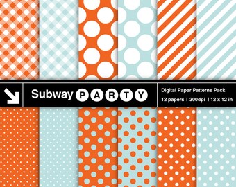 Soft Teal and Orange Digital Papers Pack. Aqua Coral Polka Dots, Stripes, Gingham. Scrapbook / Invites DIY 12x12 jpg INSTANT DOWNLOAD.