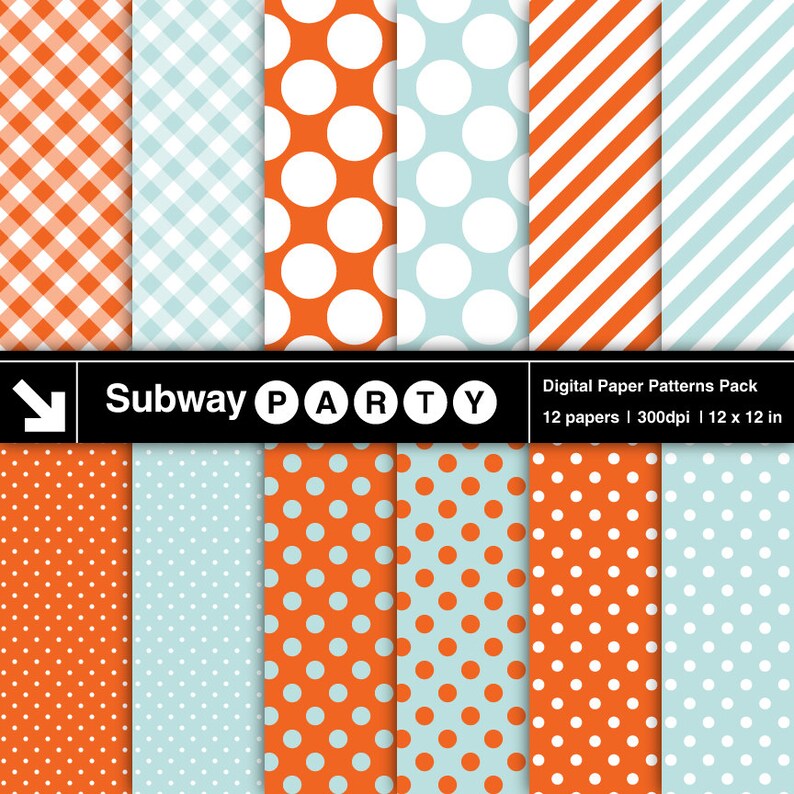 Soft Teal and Orange Digital Papers Pack. Aqua Coral Polka Dots, Stripes, Gingham. Scrapbook / Invites DIY 12x12 jpg INSTANT DOWNLOAD. image 1