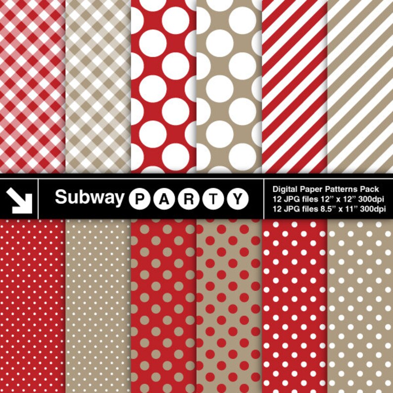 May include: A digital paper pack with 12 patterns in red, white, and brown. The patterns include gingham, polka dots, and stripes. The text "Subway Party" is at the top of the image. The text "Digital Paper Patterns Pack" and "12 JPG files 12" x 12" 300dpi" and "12 JPG files 8.5" x 11" 300dpi" is at the bottom of the image.