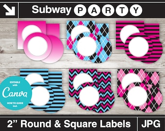 Printable Pink Monsters Party 2" Party Circles and Squares / Cupcake Topper / Blank Labels, Tags. Add Your Own Text DIY Jpg INSTANT DOWNLOAD
