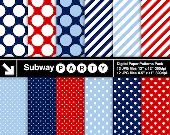 Nautical Polka Dots and Candy Stripes Digital Papers in Navy, Blue, Red & White. Scrapbook / Invites DIY 8.5x11 / 12x12 jpg INSTANT DOWNLOAD