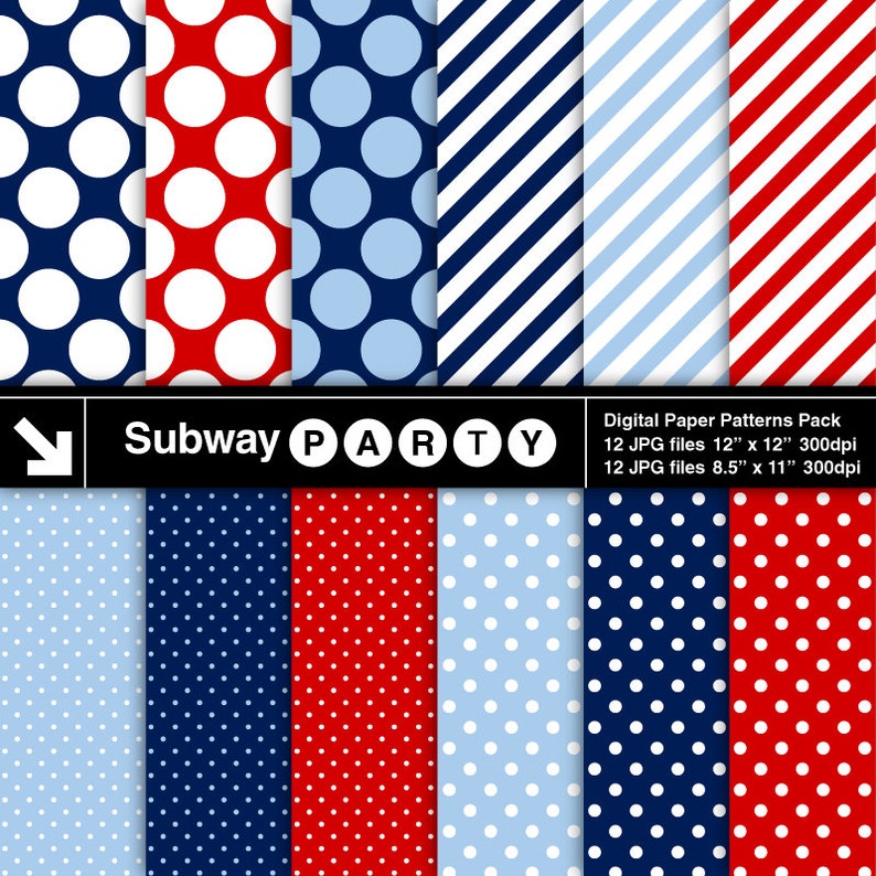 May include: A digital paper pack with 12 patterns in red, white, and blue. The patterns include polka dots, stripes, and a subway theme. The pack includes 12 JPG files, each 12 inches by 12 inches at 300 dpi, and 12 JPG files, each 8.5 inches by 11 inches at 300 dpi.