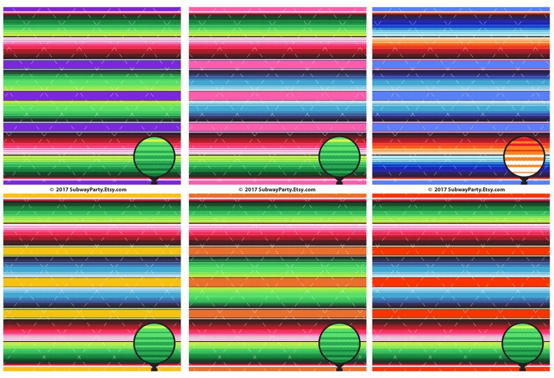 Puede incluir: Una hoja imprimible digital con seis im&aacute;genes coloridas de un patr&oacute;n tradicional de sarape mexicano. Cada imagen presenta un c&iacute;rculo en el centro, de color verde, naranja o rojo.