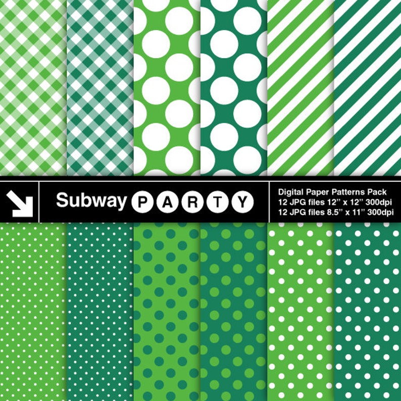 May include: A digital paper patterns pack featuring various green designs. The patterns include gingham, polka dots, and diagonal stripes. The pack includes 12 JPG files, each 12" x 12" and 8.5" x 11" at 300dpi. The text "Subway PARTY" is also visible.