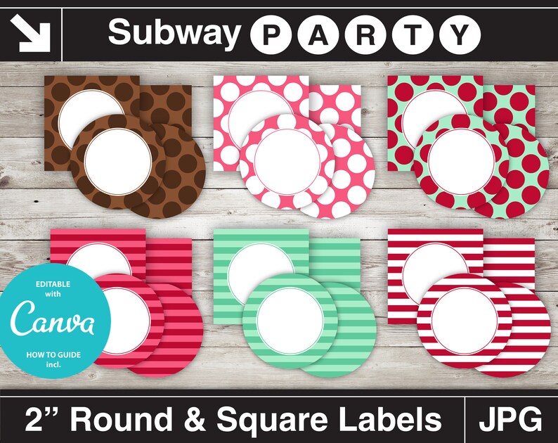 May include: A collection of 2-inch round and square labels with various patterns, including polka dots and stripes. The labels feature a white circular space for text and come in brown, pink, red, and green. The text "Subway PARTY" is at the top.