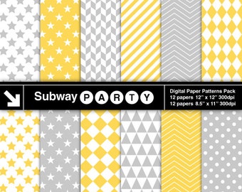 Gray and Yellow Geometric Digital Papers Pack in Chevron, Checks, Stars & Stripes. Scrapbook / Invite DIY 8.5x11 12x12 jpg INSTANT DOWNLOAD