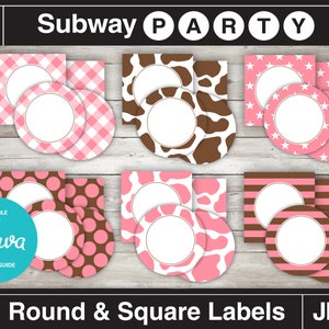 May include: Set of 2 inch round and square labels in pink and brown with various patterns including gingham, polka dots, cow print, stripes, and stars. Editable with Canva.  2" Round & Square Labels JPG