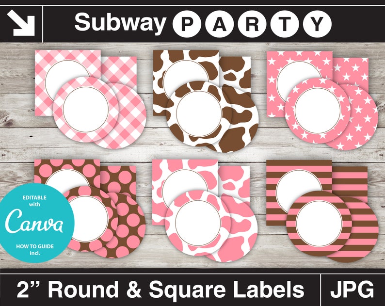 May include: Set of 2 inch round and square labels in pink and brown with various patterns including gingham, polka dots, cow print, stripes, and stars. Editable with Canva.  2" Round & Square Labels JPG
