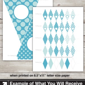 May include: Printable cake bunting with 13 files, each measuring 8.5 inches by 11 inches, at 300 dpi. The bunting features a variety of blue and white patterns, including polka dots, diamonds, and stripes. The bunting is designed to be cut and folded along the lines indicated.