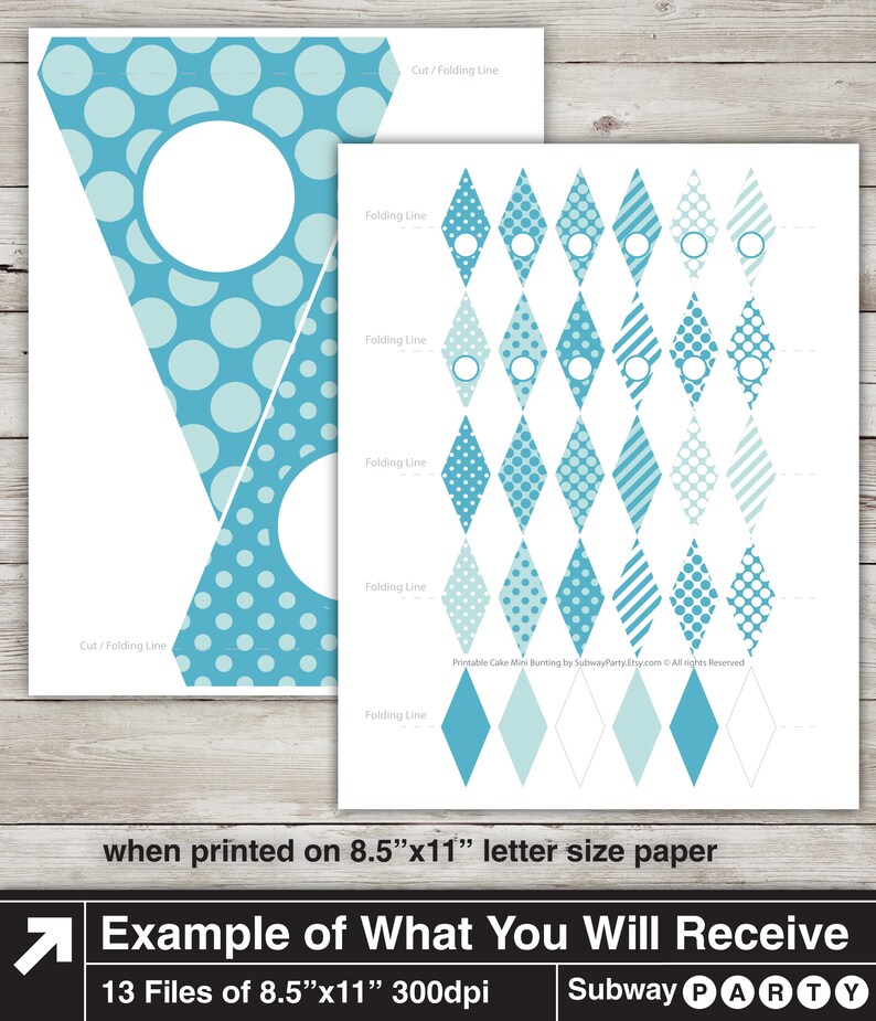 May include: Printable cake bunting with 13 files, each measuring 8.5 inches by 11 inches, at 300 dpi. The bunting features a variety of blue and white patterns, including polka dots, diamonds, and stripes. The bunting is designed to be cut and folded along the lines indicated.