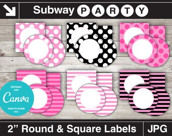 Printable Minnie Party Cupcake Toppers, 2" Circles and Squares, Blank Labels, Tags. Canva Editable Text. Pink, Black, White Dots and Stripes