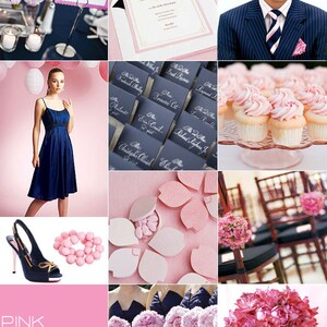 May include: A collage of wedding-themed images in pink and navy blue. Includes a bouquet of pink peonies, a navy blue dress, cupcakes, place cards, a high-heeled shoe, and a man in a pinstripe suit.