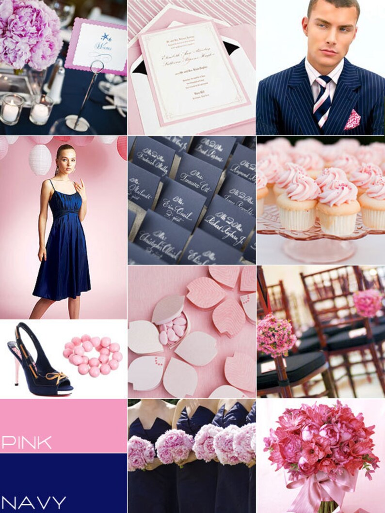 May include: A collage of wedding-themed images in pink and navy blue. Includes a bouquet of pink peonies, a navy blue dress, cupcakes, place cards, a high-heeled shoe, and a man in a pinstripe suit.