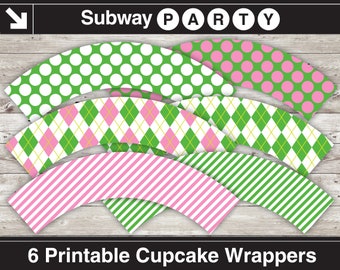 Envoltorios imprimibles para cupcakes con temática de golf para niña, con diseños de rombos, lunares y rayas en rosa, verde y blanco. 8x11 jpg. DESCARGA INSTANTÁNEA.