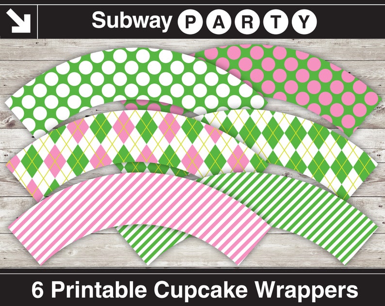 Puede incluir: Seis envoltorios para cupcakes imprimibles con diferentes patrones. Los patrones incluyen lunares verdes y blancos,  argyle rosa y verde y rayas rosas y verdes. Los envoltorios est&aacute;n etiquetados como "Subway Party".