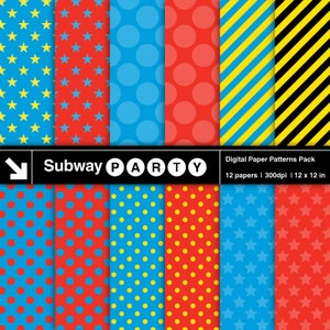 Train / Superhero Party Digital Papers. Blue Red Stars & Polka Dots Yellow Black Stripes. Scrapbook / CANVA Background 12x12 JPG