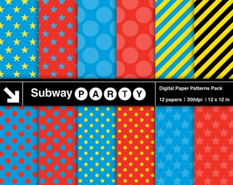 Train / Superhero Party Digital Papers. Blue Red Stars & Polka Dots Yellow Black Stripes. Scrapbook / CANVA Background 12x12 JPG