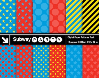 Train / Superhero Party Digital Papers. Blue Red Stars & Polka Dots Yellow Black Stripes. Scrapbook / CANVA Background 12x12 JPG