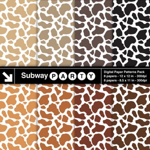 May include: Digital paper pack with 8 cow print patterns in various shades of brown, black, and white. The pack includes 8 papers at 12 x 12 inches and 8 papers at 8.5 x 11 inches. The text "Subway PARTY" is at the top of the image.