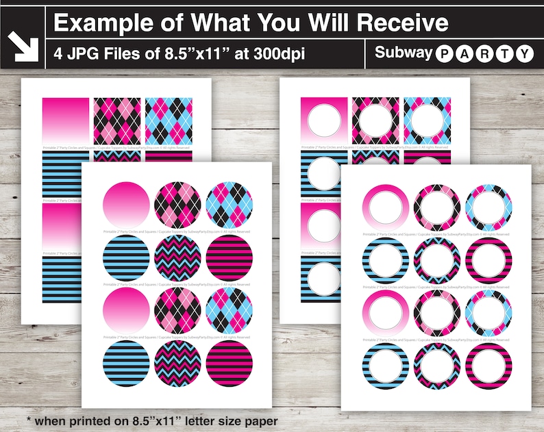 May include: Printable party circles and squares in pink, black, and blue with a subway theme. The designs include stripes, argyle, and chevron patterns. The text "Subway Party" is visible in the top right corner of the image.