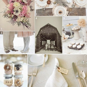 May include: A collage of images with a blush and neutral winter wedding theme. Includes a bouquet of pink and white flowers, a table setting with white plates, a covered bridge, and decorated mason jars.