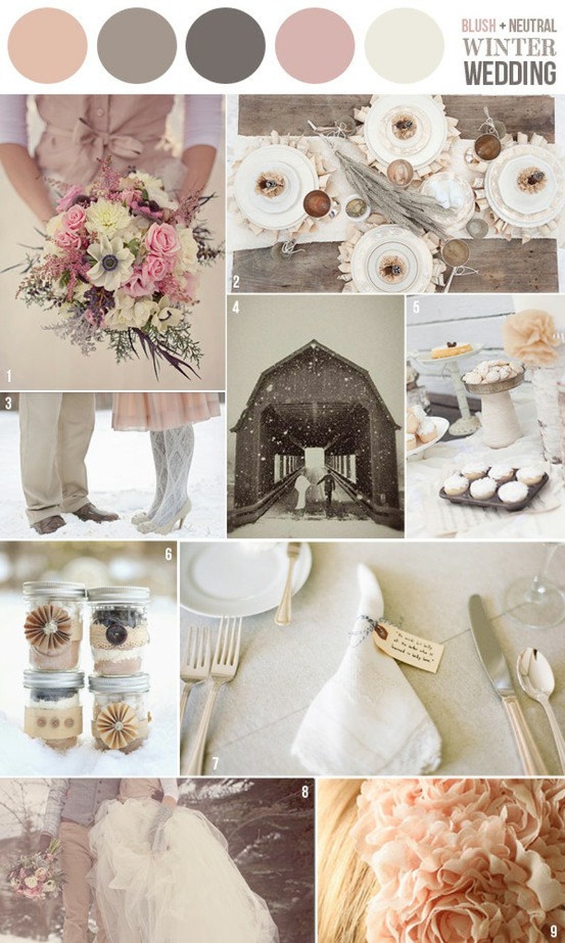May include: A collage of images with a blush and neutral winter wedding theme. Includes a bouquet of pink and white flowers, a table setting with white plates, a covered bridge, and decorated mason jars.