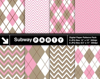 Sock Monkey Digital Papers Pack. Pink and Taupe Brown Chevron and Argyle. Scrapbook / Printable Party Papers 8.5x11 & 12x12 JPG Download