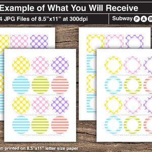 May include: Four printable sheets of 8.5 x 11 inch labels with different patterns. The patterns include yellow and white polka dots, pink and white polka dots, purple and white polka dots, blue and white stripes, green and white stripes, and pink and white stripes. The labels are designed for a Subway Party.