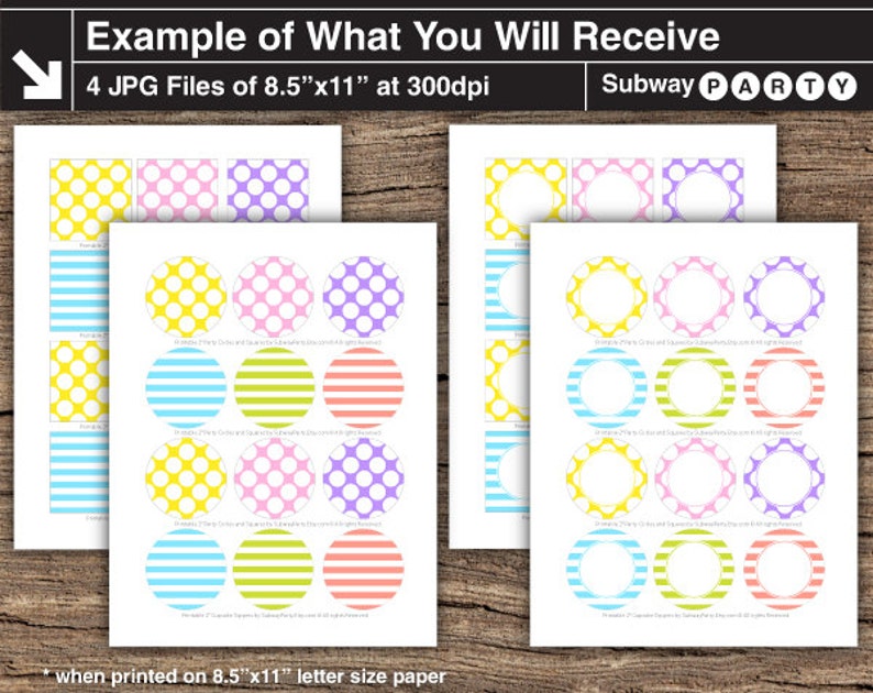 May include: Four printable sheets of 8.5 x 11 inch labels with different patterns. The patterns include yellow and white polka dots, pink and white polka dots, purple and white polka dots, blue and white stripes, green and white stripes, and pink and white stripes. The labels are designed for a Subway Party.