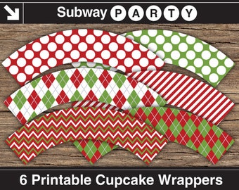 Printable Christmas Cupcake Wrappers / Liners. Red and Green Argyle, Chevron, Polka Dot & Candy Cane Stripes DIY.  Jpg INSTANT DOWNLOAD