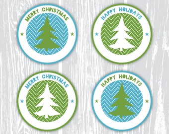 Printable Christmas Gift Tags, Stickers in Aqua Blue Green Chevron with Christmas Tree. 2" Round Labels Cupcake Toppers. INSTANT DOWNLOAD