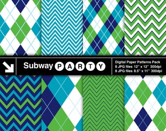 Golf Green, Blue, Navy Argyle and Chevron Digital Papers. Scrapbook / Party Papers, DIY Invites. 8.5x11 & 12x12 Jpg INSTANT DOWNLOAD