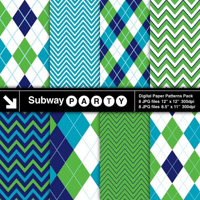 May include: A digital paper pack with eight patterns in green, blue, and white. The patterns include argyle, chevron, and stripes. The text "Subway PARTY" is at the top of the image. The text "Digital Paper Patterns Pack" is at the bottom of the image. The text "8 JPG files 12" x 12" 300dpi" is below the text "Digital Paper Patterns Pack". The text "8 JPG files 8.5" x 11" 300dpi" is below the text "8 JPG files 12" x 12" 300dpi".