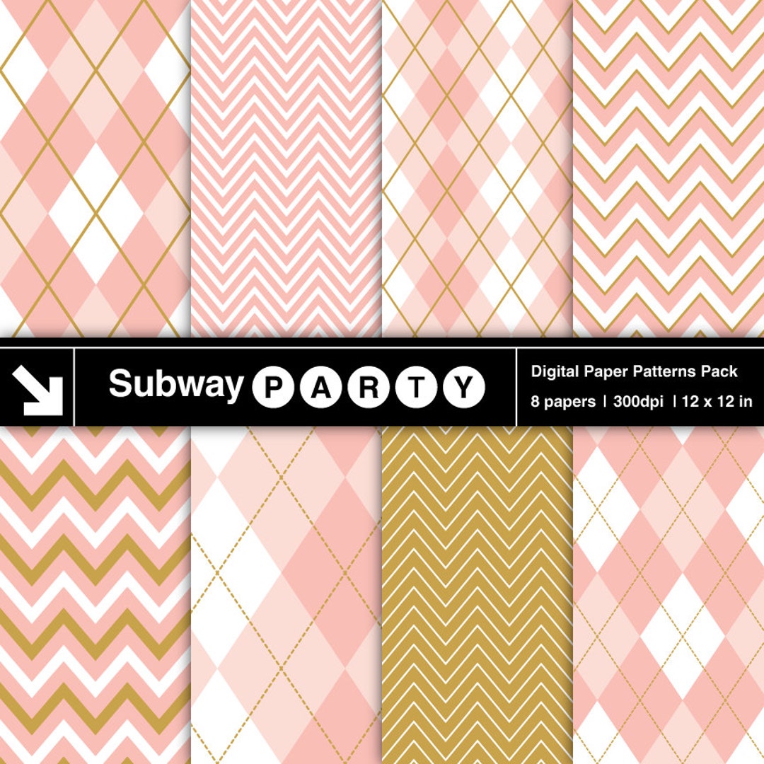 Chevron and Argyle Digital Paper Pack in Gold, Pastel Pinks - Ballet ...