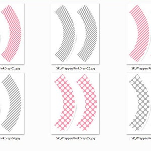 May include: A collection of six curved paper cupcake wrappers with various patterns. Designs include pink and gray chevron, stripes, and polka dots. Each wrapper is labeled with a file name.