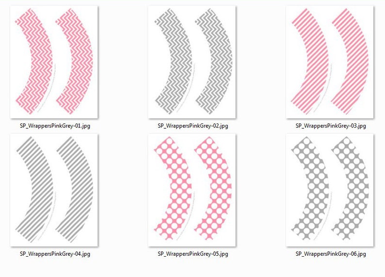 May include: A collection of six curved paper cupcake wrappers with various patterns. Designs include pink and gray chevron, stripes, and polka dots. Each wrapper is labeled with a file name.